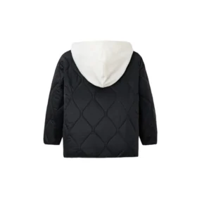 Color-blocked Detachable Hood Short Cotton Jacket Asia Sizing “Black White”