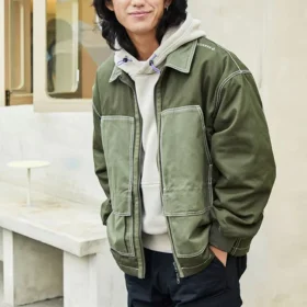 Colorblock Pocket Canvas Cargo Jacket Couple Style Grass Green