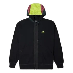 Contrast Color Stitching Zipper Hooded Jacket Couple Style Black