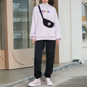 Contrasting Colors Alphabet Embroidered Knit Hoodie Purple