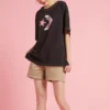 Loose Printing Round Neck Short Sleeve Black