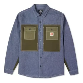 Men”s Converse Flowers Small Logo Retro Splicing Contrasting Colors Woven Shirt Jacket Blue