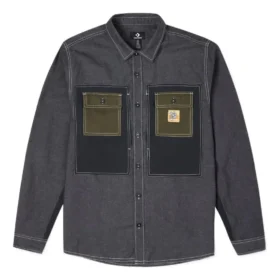 Men”s Converse Flowers Small Logo Retro Splicing Contrasting Colors Woven Shirt Jacket Dark Black