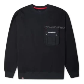 Men”s Converse New Year Series Chest Pocket Fleece Lined Round Neck Pullover Dark Black Men”s Converse New Year Series Chest Pocket Fleece Lined Round Neck Pullover Dark Black