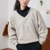 Solid Color Loose Knit V Neck Beige Hoodie