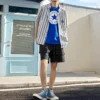 Striped Short Sleeve Button Down Asia Sizing “Blue”